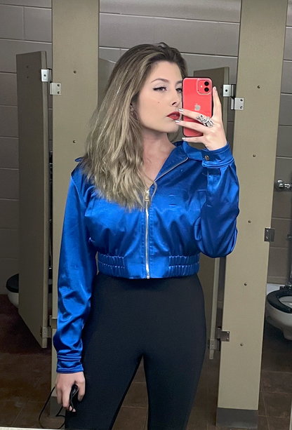 BLUE SATIN BOMBER JACKET