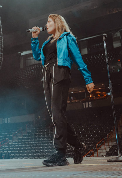 BLUE SATIN BOMBER JACKET